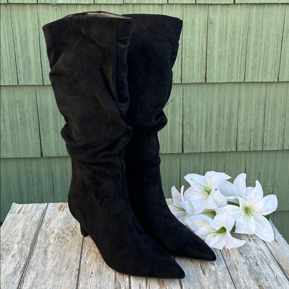 Women's Faux Suede Slouch Boots with Kitten Heels Black Size 7.5 Wide